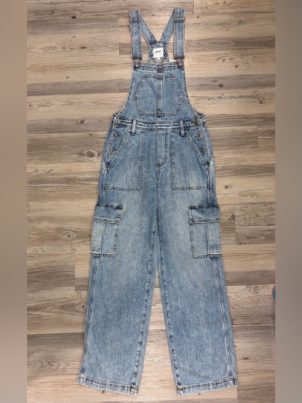 Aerie Light Blue Acid Wash Denim Overalls Wide Leg - Cargo Style